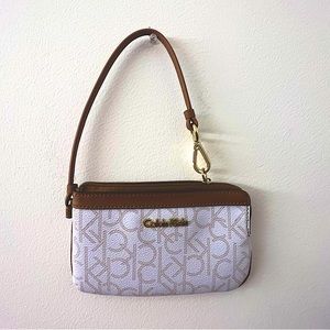 New Calvin Klein Logo Signature White Brown Wristlet Wallet Bag Clutch Spring